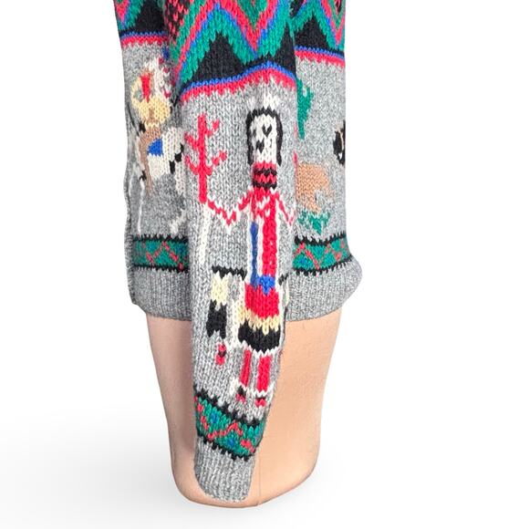 Vintage Skyr Knit Shetland Wool Sweater Native Art Buffalo Horse Rider Teepees - Picture 3 of 13